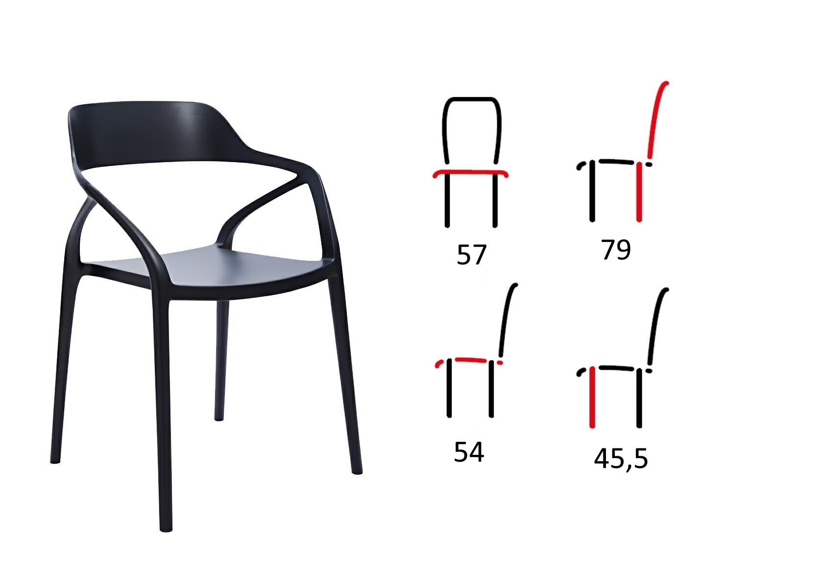 Czarne krzesło z podłokietnikami Gloria wykonane z polipropylenu - wymiary